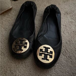 Tory Burch Black Leather Ballet Flats with Gold Logo Medallions